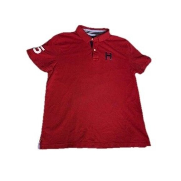 Vintage Tommy Hilfiger Polo Men's Large Red 85 Sleeve Big H Custom Fit - Picture 1 of 7